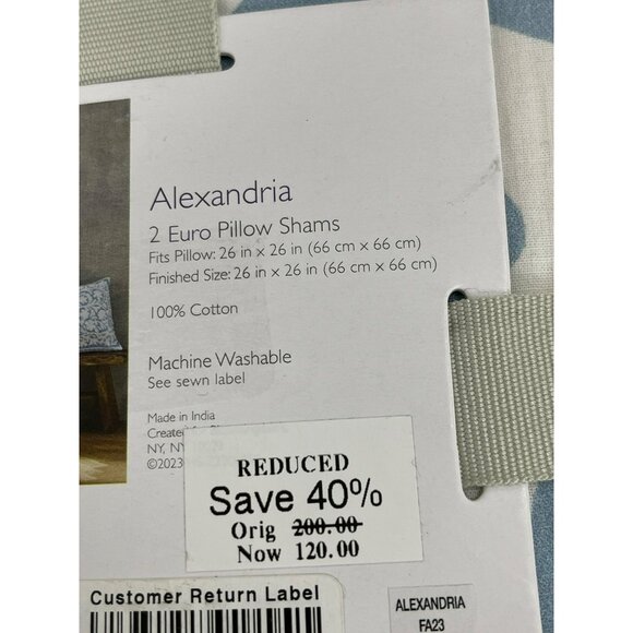 Sky $200 Alexandria Euro Pillow Shams 26" X 26" 2 Pc Set NWT - Picture 5 of 5